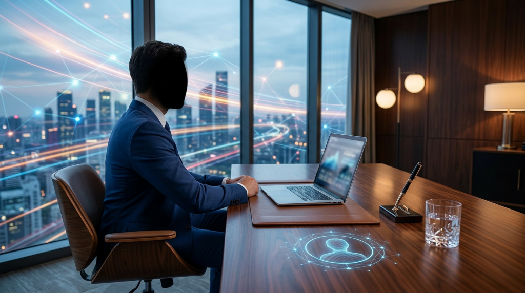 Businessman sitting at office desk with laptop and digital connectivity holograms