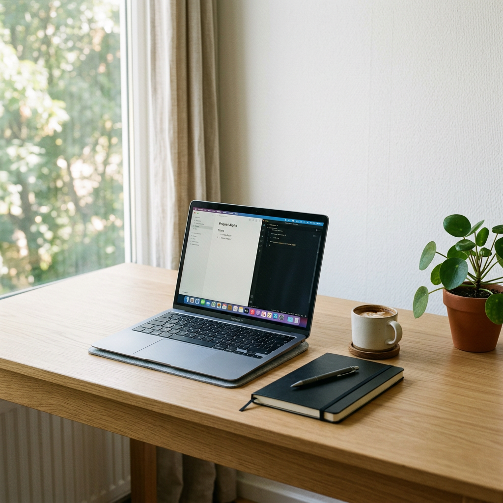 Laptop on wooden desk with code editor open, notebook with pen, coffee cup, and potted plant